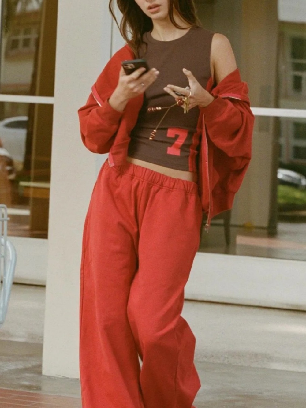 With Jean Red Sweat Set